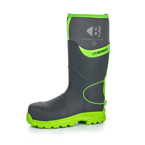 Buckbootz BBZ8000 Safety Wellington - Grey / High-Vis Green - Size 6