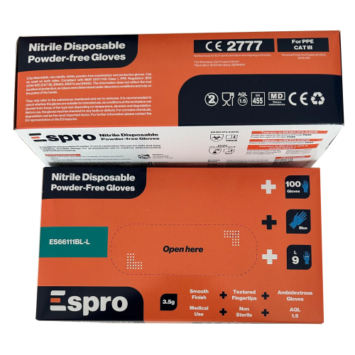 Esproâ„¢ ES66111BL Nitrile Disposable Powder Free Gloves (Sizes Small - X Large)